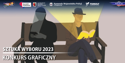 Baner promujący konkurs graficzny, dwóch mężczyzn siedzących na ławce, jeden z telefonem komórkowym, drugi czytający książkę. Mężczyzna czytający książkę jest oświetlony blaskiem z niej bijącym. Logotypy organizatorów konkursu oraz napis Konkurs graficzny 2023.